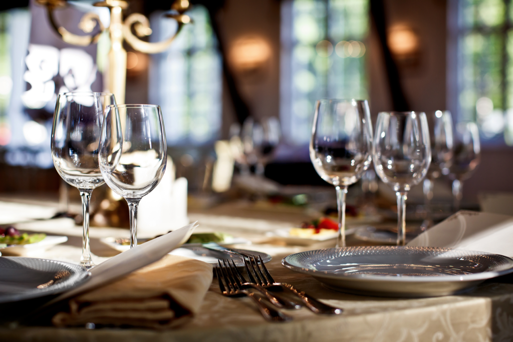 Empty glasses set in restaurant